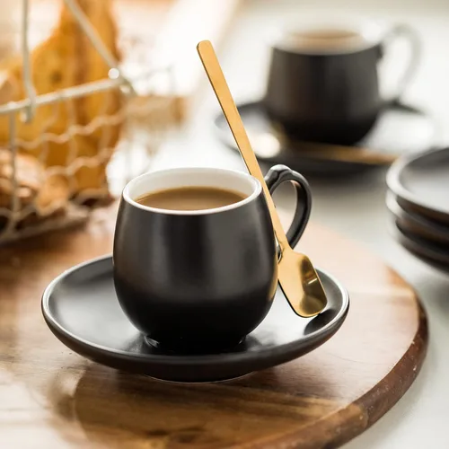 Miniatura 9 de LYEOBOH Juego de tazas de café expreso y platillos, taza de café de cerámica de 3 onzas, pequeñas tazas demitasses, tazas de café expreso con Negro