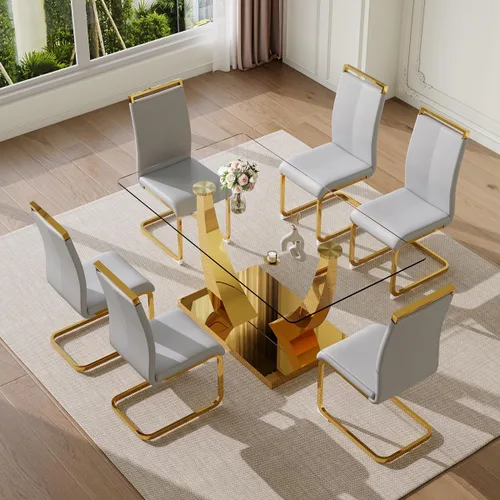 Miniatura 37 de Juego de mesa de comedor de 63 pulgadas para 4, juego de mesa de comedor dorado moderno para 4, juego de mesa de cocina de mármol sintético con negro