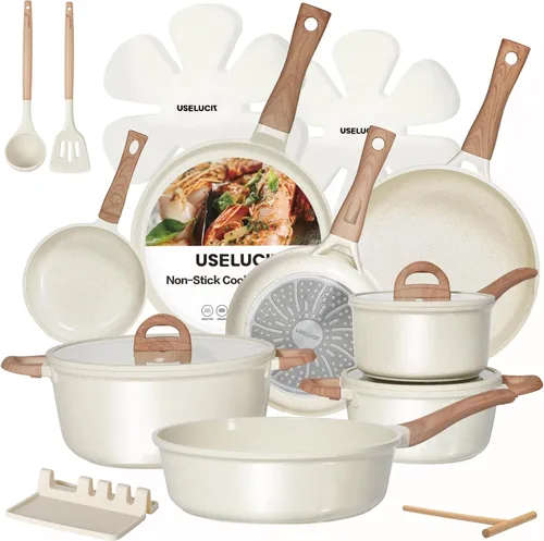 USELUCK Juego de ollas y sartenes, juego de utensilios de cocina de cerámica antiadherente, 22 piezas, antiadherentes, juegos de cocina, cacerola y