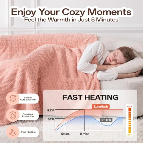 Miniatura 4 de Manta eléctrica térmica tamaño King, 90 x 100 pulgadas, manta eléctrica de calentamiento rápido con control dual, 8 niveles de calor y 10 horas