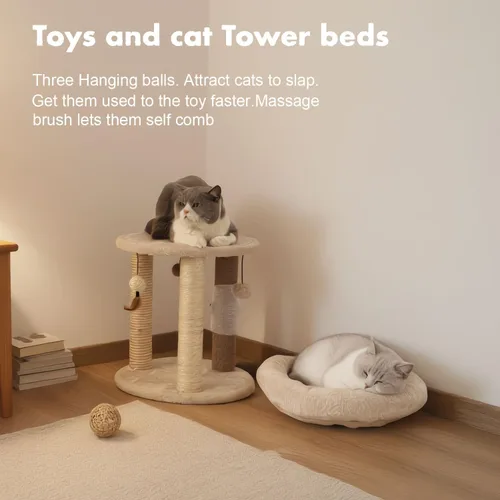 Miniatura 7 de MECOOL Árbol pequeño para gatos 4en1, poste rascador con torre, cama suave, alfombra de sisal, postes de yute con tres juguetes de bola colgante