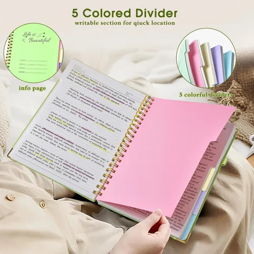 Miniatura 3 de Cuadernos en espiral de tapa dura para el trabajo, cuaderno de 5 materias a rayas universitarias con pestañas divisorias, cuaderno organizador