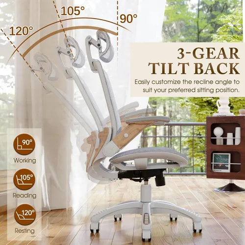 Miniatura 7 de GABRYLLY Silla de oficina ergonómica, Silla de escritorio de casa de respaldo alto con brazos abatibles, reposacabezas, inclinación de 90-120°