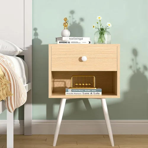 Miniatura 3 de VECELO Juego de 2 mesitas de noche, mesa de noche moderna de mediados de siglo, mesita de noche con cajón de almacenamiento y estante abierto de 2
