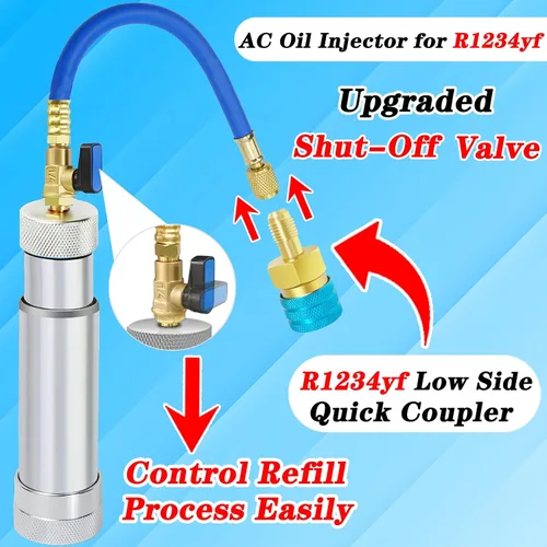 Miniatura 3 de Inyector de aceite de CA para R1234yf R134a R410a, Inyector de tinte de CA con válvula de cierre, Inyector de tinte 1234yf con función de prevención