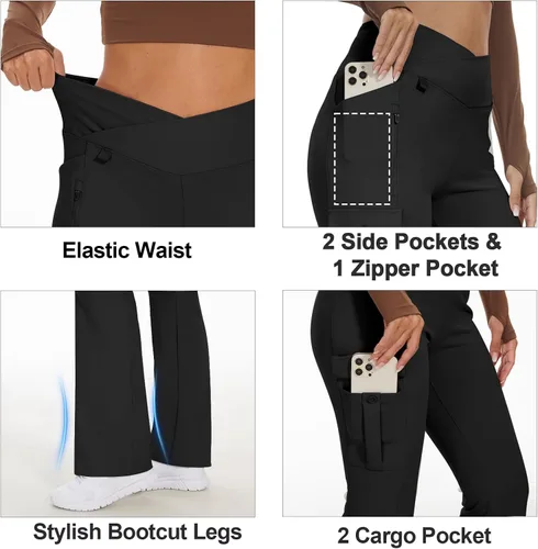 Miniatura 4 de Leggings acampanados de yoga para mujer, cintura alta, pantalones casuales de yoga, leggings de entrenamiento, con 6 bolsillos, pantalones de yoga
