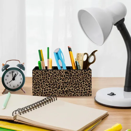 Miniatura 2 de Trendy Retro Leopard Print Pen Pencil Holder for Desk, Funky Cheetah Wooden Box Office Desk Accessories, Leopard Print Pen Holders Organizer for