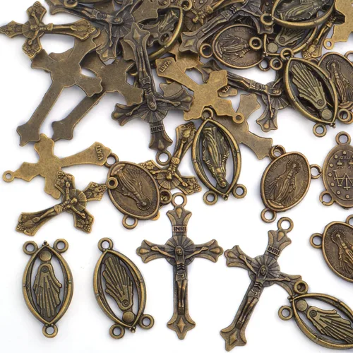 Miniatura 4 de 40 piezas de 4 estilos de cruz y centro de rosario de aleación tibetana María milagrosa medalla Jesús Crucifijo Crucifijo y eslabones ovalados
