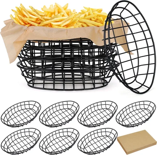 Miniatura 8 de Hushee 12 cestas de pan de alambre a granel de 9.5 x 6.2 x 2.2 pulgadas, cestas ovaladas de metal para mesa servir fruteros con 50 forros de papel a