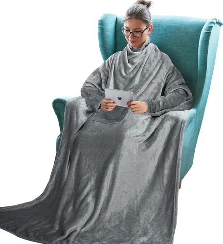 Miniatura 19 de Tirrinia Manta de Forro Polar Vestible con Capucha y Mangas para Adultos Mujeres y Hombres, Súper Suave Cómoda de Felpa Funcional Manta de TV Throw