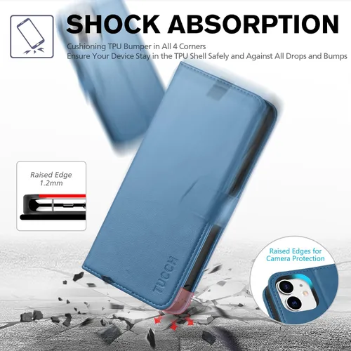 Miniatura 6 de TUCCH Funda tipo cartera, iPhone 12 Pro/12 5G, azul lago, carcasa interior de TPU a prueba de golpes, piel sintética, bloqueo RFID, soporte