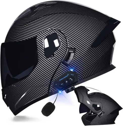 Miniatura 42 de Casco modular Bluetooth para motocicleta, aprobado por DOT, de cara completa, abatible, antivaho, doble visera, casco de motocicleta de calle, LENTE