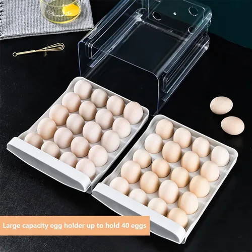 Soporte para huevos para refrigerador, Gran capacidad 40 rejilla contenedor de almacenamiento de huevos, 2 capas tipo cajón apilable sin BPA
