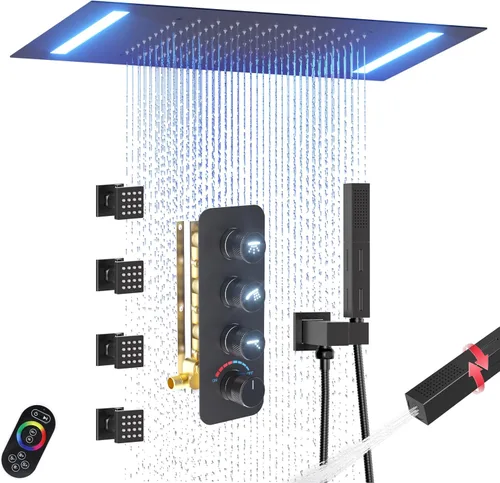 Miniatura 25 de Enga Sistema de cabezal de ducha doble, cabezal de ducha LED de lluvia de 14 x 20 pulgadas con cabezal de pared de 6 pulgadas, juego de grifo de Oro