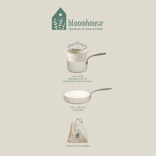 Miniatura 4 de Bloomhouse Juego de 4 ollas y sartenes de aluminio de calibre pesado con interior de cerámica antiadherente no tóxico e inserto de vapor de Avena