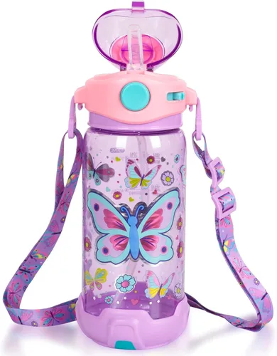 Miniatura 23 de Botella de agua para niños con pajita/cordón para niños de la escuela, niños y niñas, 22 oz / 650 ml, sin BPA, botella de agua para beber
