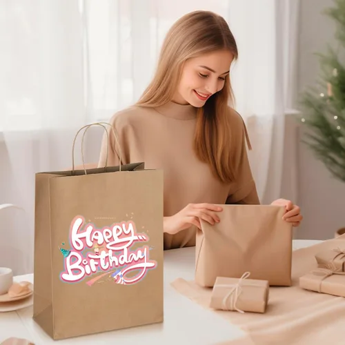Miniatura 6 de Oikss Paquete de 100 Bolsas de Papel Kraft Marrón Natural Liso de 10x5x13 con Asas al Por Mayor para Favores de Fiestas de Cumpleaños Comestibles