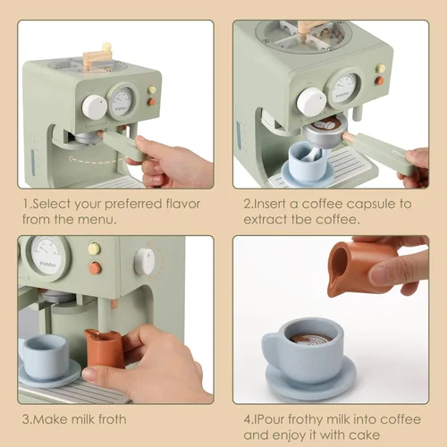 Miniatura 5 de Pithfor Juguete Cafetera de Madera para Niños con Molinillo, Juego de Simulación Electrodomésticos de Cocina y Accesorios Juguete Regalo para Niños