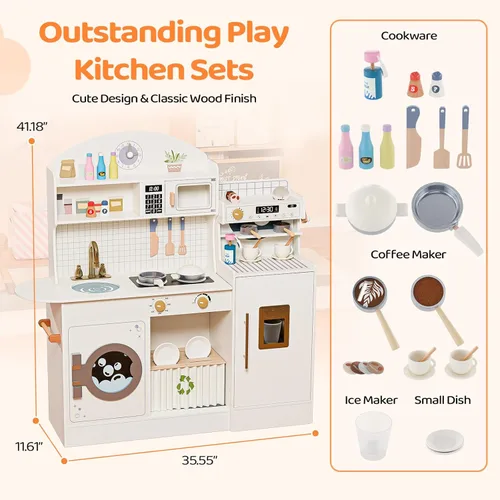 Miniatura 6 de JOYMOR Juego de cocina de madera con máquina de café, muchos accesorios de cocina de simulación, diseño de cocina para niños, mejor regalo