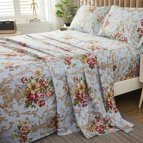 Miniatura 6 de ABREEZE Juego de sábanas de algodón egipcio tamaño individual (1000 hilos) floral y fundas de almohada (4 piezas), sábanas de algodón egipcio