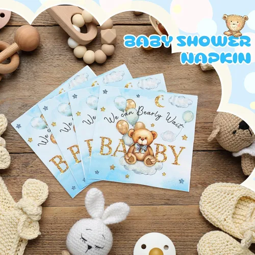 Miniatura 5 de Crtiin 100 servilletas de baby shower con texto en inglés «We Can Bearly Wait», decoraciones de baby shower para niños, servilletas de regalo
