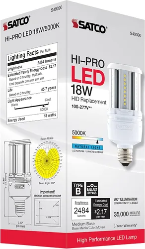 Miniatura 10 de Satco Bombilla LED de mazorca de maíz de 18 W, repuesto HID para iluminación de garaje y comercial, luz diurna de 5000 K, base E26, derivación