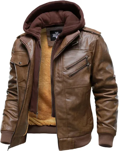 Miniatura 10 de Hood Crew - Chaqueta bomber para hombre, casual, con cuello alto, cazadora de moto, de piel sintética de poliuretano, con cremallera y capucha Marrón