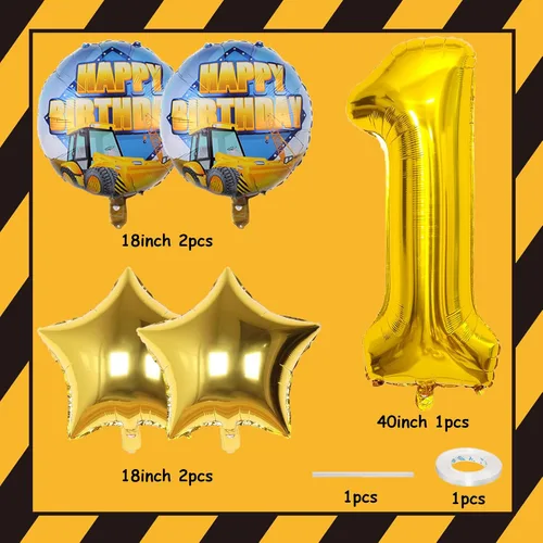 Miniatura 3 de Globos de construcción para el primer cumpleaños, 9 globos dorados de 40 pulgadas con el número 1 para excavadora grande, camión volquete, grúa