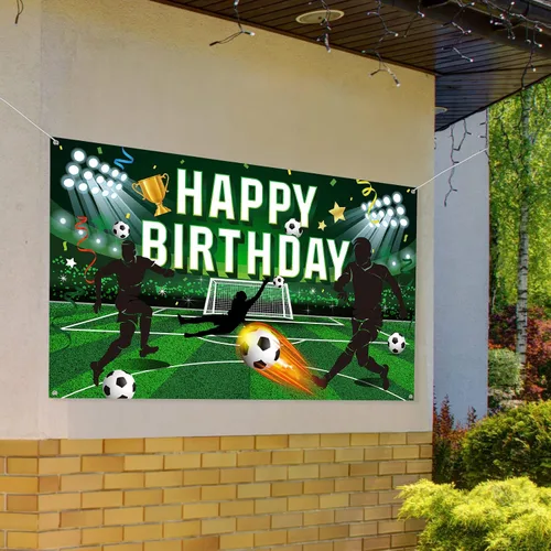 Miniatura 6 de Tatuo Telón de fondo de fiesta de cumpleaños de fútbol, fondo de campo de fútbol de poliéster con letras de feliz cumpleaños, incluye cuerda blanca