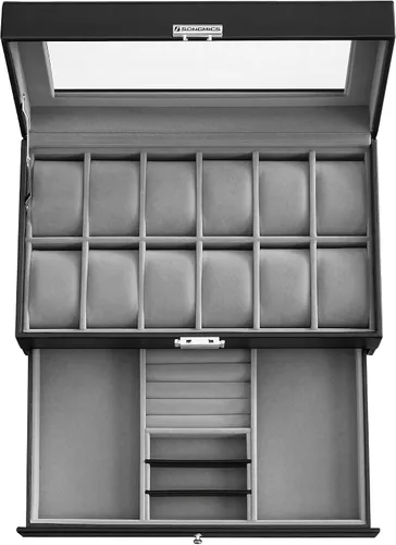Miniatura 8 de SONGMICS Caja de reloj, Organizador de 12 relojes de hombre, Joyero con cerradura y llaves, Negro UJWB012