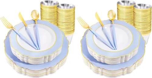 Miniatura 19 de WDF - Vajilla de plástico desechable para 30 invitados platos color oro y cubiertos color oro con mango blanco - Vajilla de plástico barroco blanco