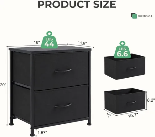 Miniatura 3 de NEWBULIG Mesita de noche con 2 cajones de tela, cómoda pequeña de 25 pulgadas de alto, mesita de noche con almacenamiento para dormitorio, armario