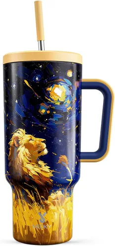 Miniatura 17 de Meoky Vaso de 40 onzas que brilla en la oscuridad con asa y popote, vaso con tapa y pajita, vaso aislado de acero inoxidable para viaje, 100% a