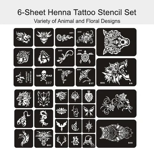 Miniatura 9 de Kotbs 6 hojas de plantillas temporales de tatuaje, 34 piezas de plantillas de tatuajes de henna con patrón de tótem de tigre y lobo, plantillas