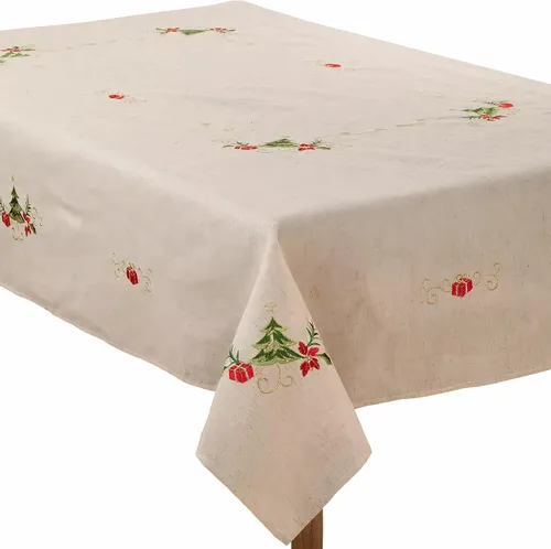 Miniatura 4 de SARO LIFESTYLE Mantel bordado de mezcla de lino con diseño de árbol de Navidad, natural, 67 x 180 pulgadas
