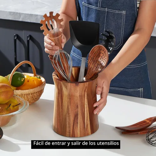 Miniatura 6 de Soporte de utensilios de madera para encimera, soporte giratorio de 360°, 7.2 x 6 pulgadas, gran madera de acacia, decoración de cocina de granja