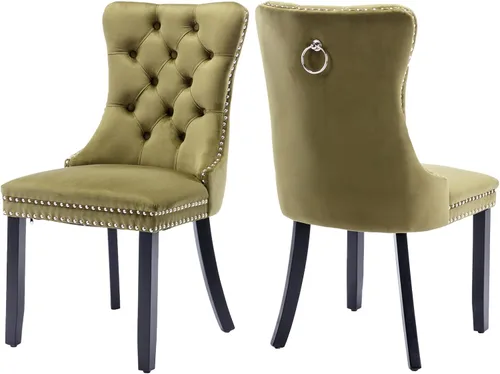 Miniatura 42 de Juego de 2 sillas de comedor de terciopelo, silla de comedor tapizada de alta gama con tirador de anillo en la espalda, adorno de clavos y patas