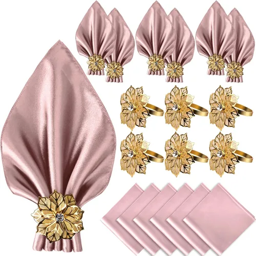 Miniatura 11 de VIJIV Juego de 12 servilletas de tela y juego de 6 anillos para servilletas dorados, 17x17 servilletas de cena de satén cuadradas con flores