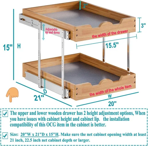Miniatura 3 de OCG Organizador de gabinete extraíble de 2 niveles (20" de ancho x 21" de profundidad), estante de cajón de madera deslizante de servicio pesado