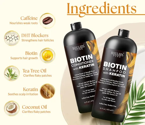 Miniatura 2 de Juego de champú y acondicionador de biotina con queratina – Fórmula avanzada sin sulfatos anti-adelgazamiento para el crecimiento del cabello