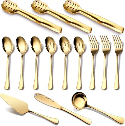 Miniatura 10 de Utensilios de Servicio Dorados, OGORI Juego de 8 Piezas de Cubiertos de Acero Inoxidable Pulido Incluye Cuchara de Servir, Cuchara Ranurada, Oro 8