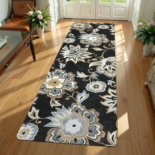 Miniatura 30 de Lahome - Tapete floral con estampado de cachemira, lavable, antideslizante, pequeño, anti-manchas, suave, para baño, entrada, dormitorio, Negro