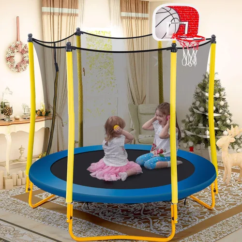 Miniatura 2 de Merax Trampolín de 66 pulgadas para niños con aro de baloncesto, bola de goma y red de recinto, mini trampolín pequeño de 5.5 pies para interiores