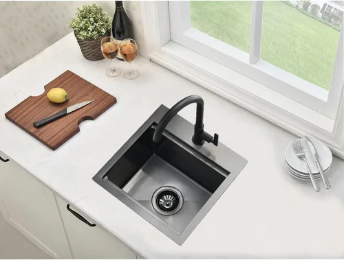 Miniatura 9 de Fregadero de Barra Negro Empotrable de 15x15 Pulgadas - Fregadero de Cocina Cuadrado Pequeño de Acero Inoxidable de Montaje Superior para Estación