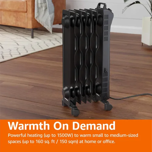 Miniatura 6 de Amazon Basics Radiador portátil con 7 aletas onduladas, control manual, negro, 1500 W, 13.1 x 26.3 x 9.8 pulgadas