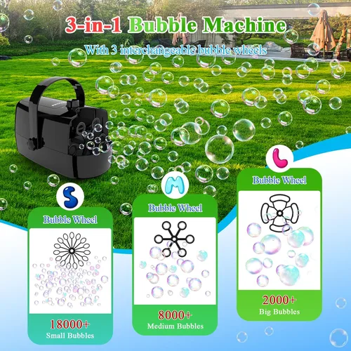Miniatura 2 de Wisdomlit Máquina de burbujas, máquina de burbujas 3 en 1, soplador de burbujas con 3 ruedas de burbujas, hace pequeña mediana burbujas grandes