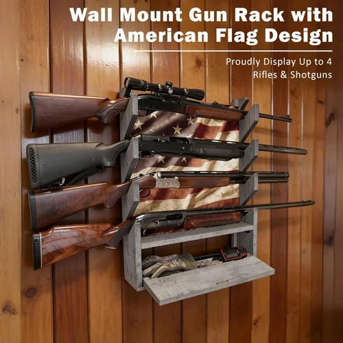 Miniatura 2 de Rush Creek Creations - Soporte de armas, soporte de pared para rifles o escopetas, diseño patriótico de la bandera estadounidense, almacenamiento