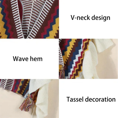 Miniatura 9 de SXLINGDO Poncho cruzado frontal tipo suéter de punto elegante capa de chales, cárdigan bohemio con borla para mujer