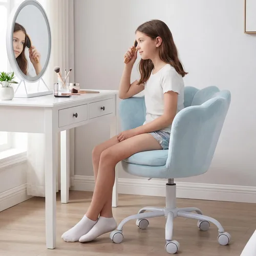 Miniatura 2 de Silla de escritorio de terciopelo para niños, bonita silla de computadora moderna tapizada, con brazo giratorio, silla de tocador ajustable
