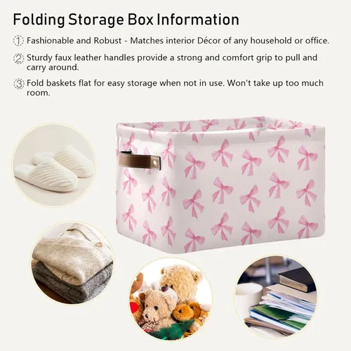 Miniatura 6 de Cesta de almacenamiento plegable con lazo rosa, impermeable, con asas de cuero, para clósets, oficinas, dormitorios, cestas de regalo, 1 unidad